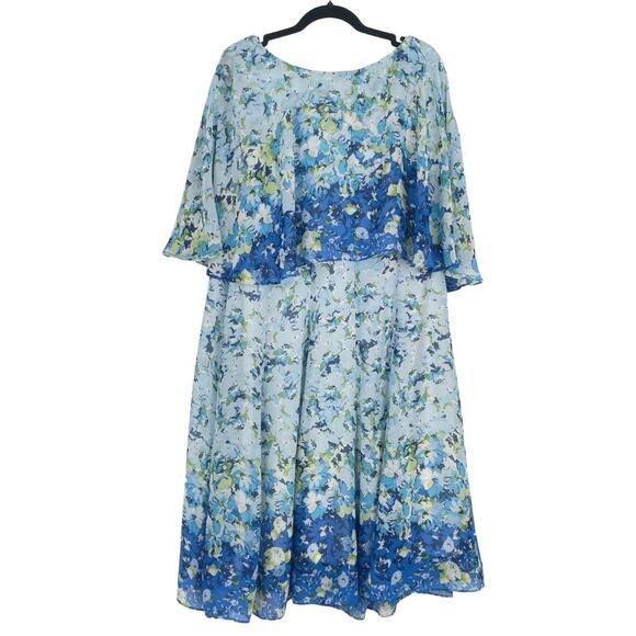Maison Tara Cottage Core Caplet Sleeveless Floral‎ Blue Knee Length Dress 20W - Picture 1 of 10